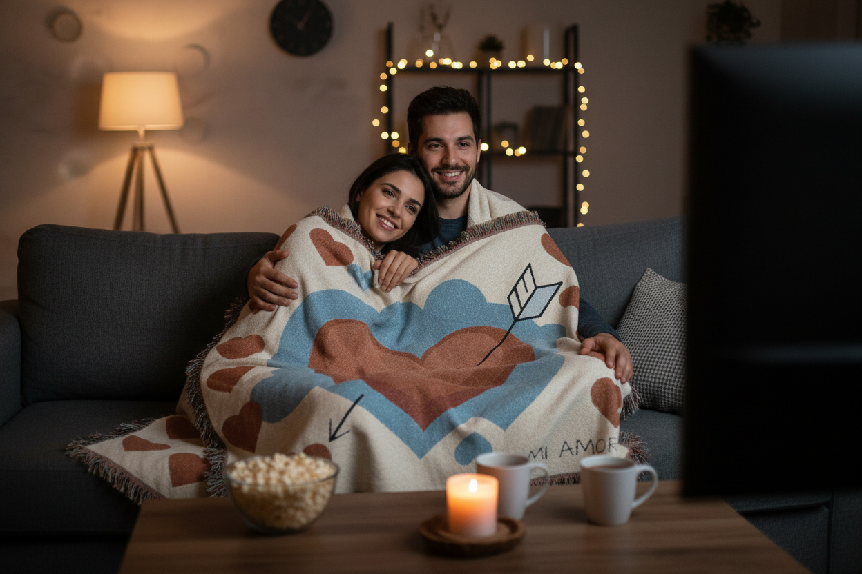 Couple cuddling with Mi Amor woven blanket - romantic gift ideas