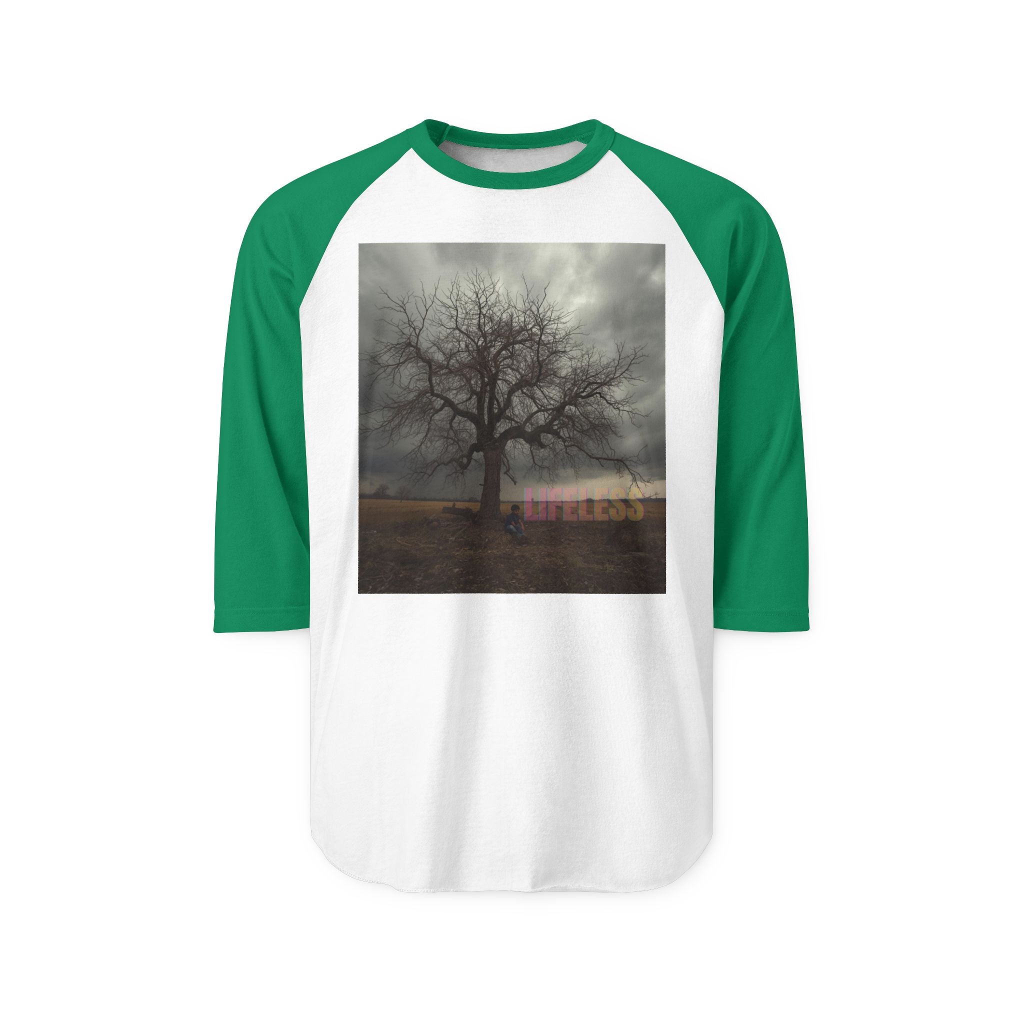 "LIFELESS" Regal 3/4 Sleeve Shirt – Bold Minimalist Statement, Modern Streetwear, Edgy Raglan Tee