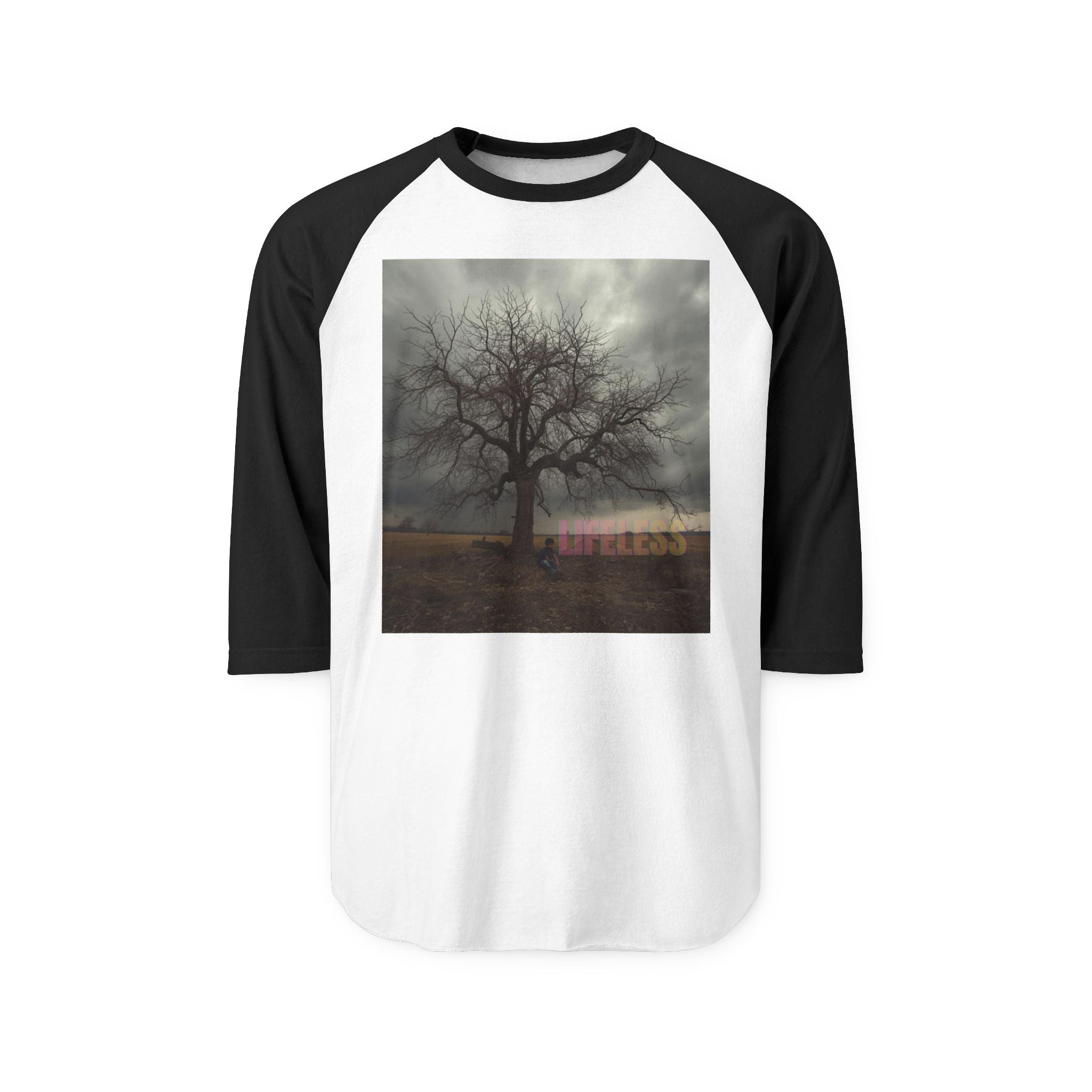 "LIFELESS" Regal 3/4 Sleeve Shirt – Bold Minimalist Statement, Modern Streetwear, Edgy Raglan Tee