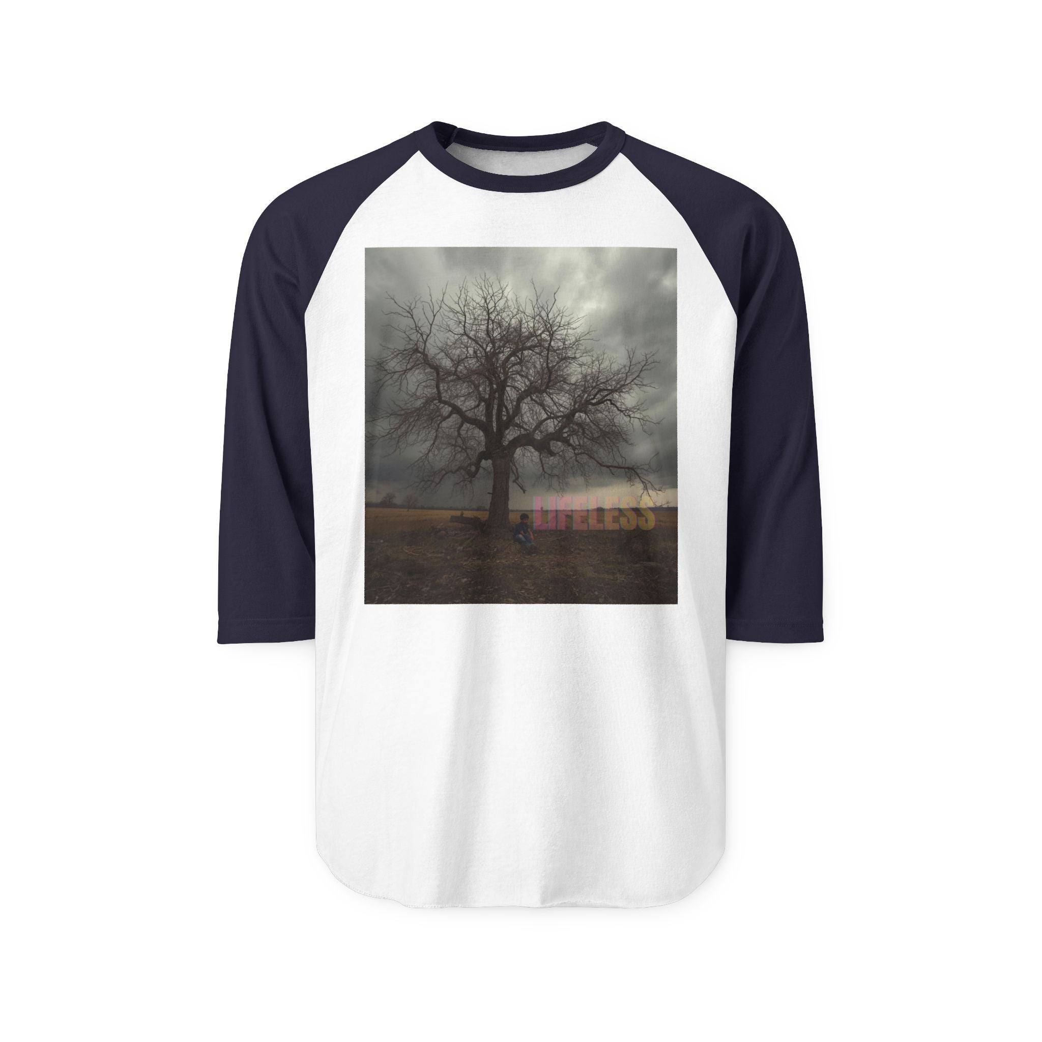 "LIFELESS" Regal 3/4 Sleeve Shirt – Bold Minimalist Statement, Modern Streetwear, Edgy Raglan Tee