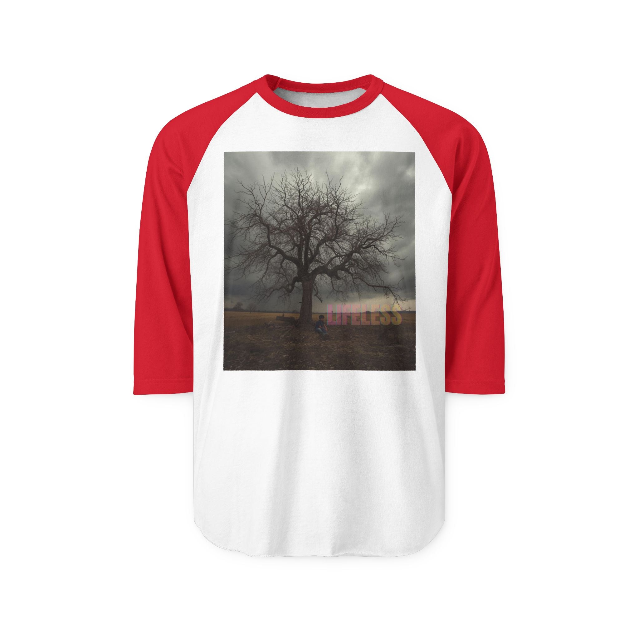 "LIFELESS" Regal 3/4 Sleeve Shirt – Bold Minimalist Statement, Modern Streetwear, Edgy Raglan Tee