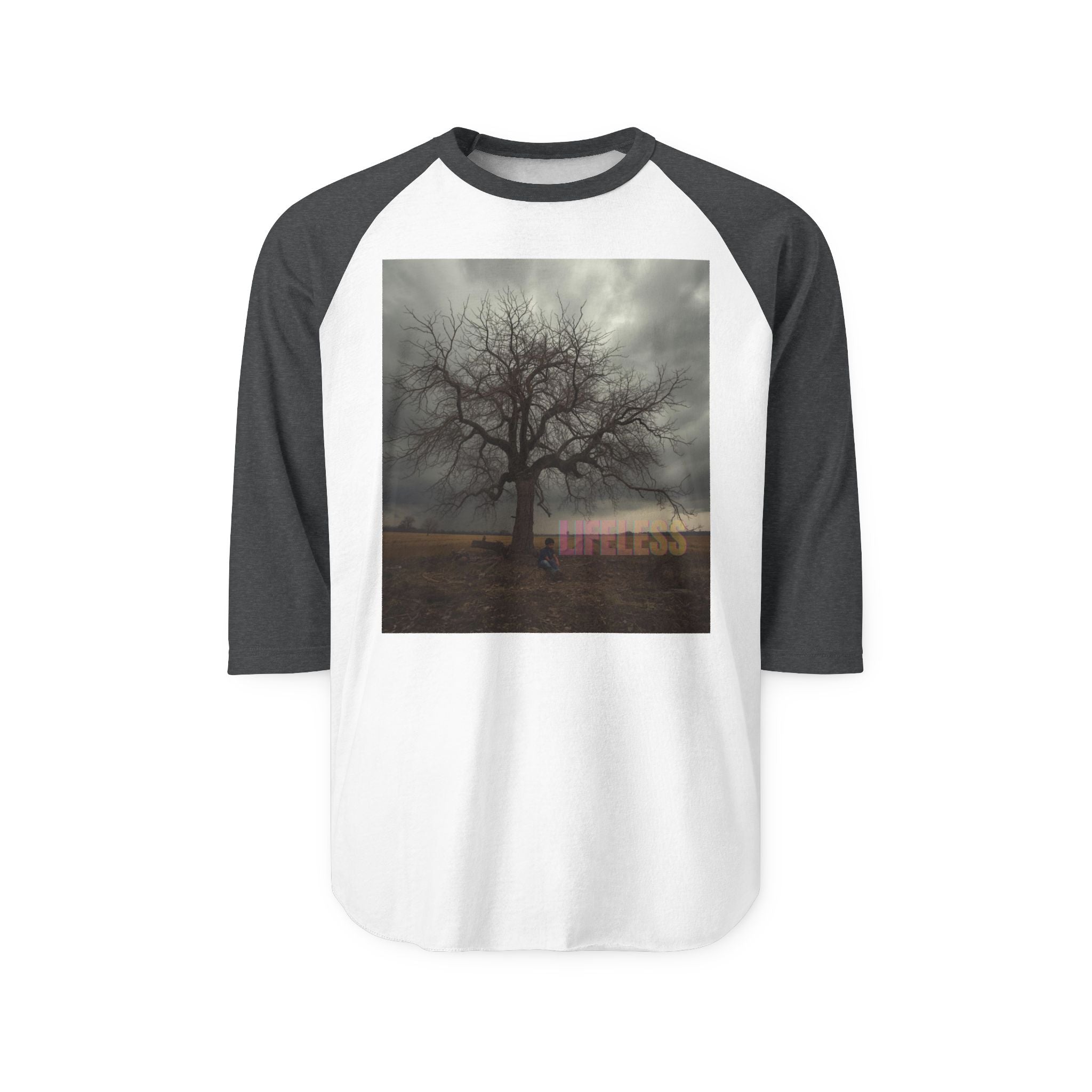 "LIFELESS" Regal 3/4 Sleeve Shirt – Bold Minimalist Statement, Modern Streetwear, Edgy Raglan Tee