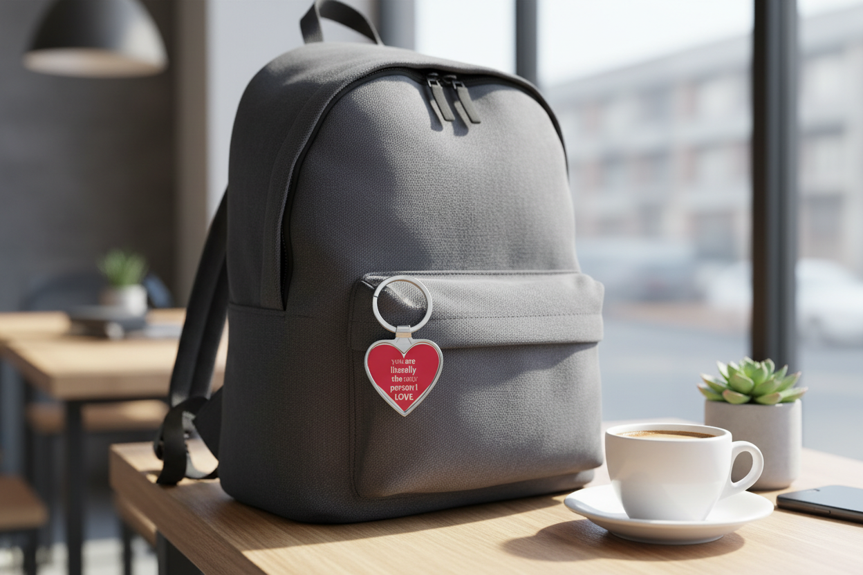 Heart keychain attached to bag