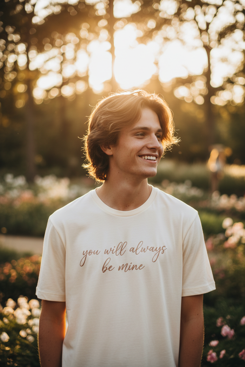 Person wearing You Will Always Be Mine romantic heart t-shirt outdoors