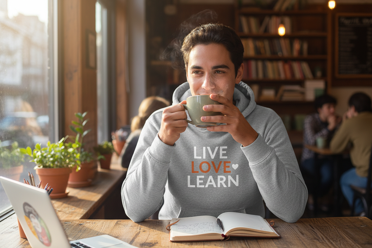 Person wearing Live Love Learn inspirational hoodie in lifestyle setting