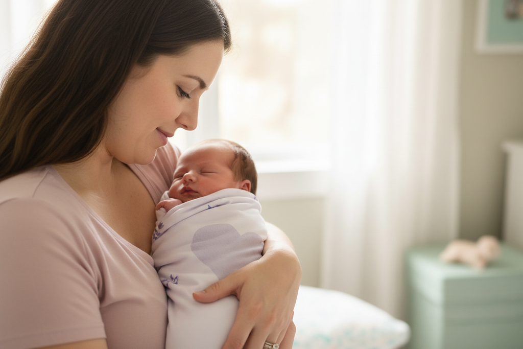 Mother lovingly holding baby wrapped in Love & Lilies swaddle blanket