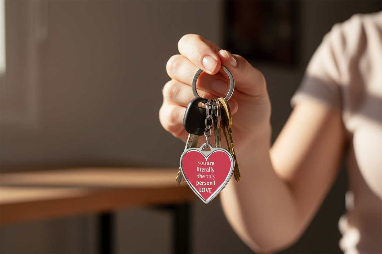 Woman holding keys with heart keychain