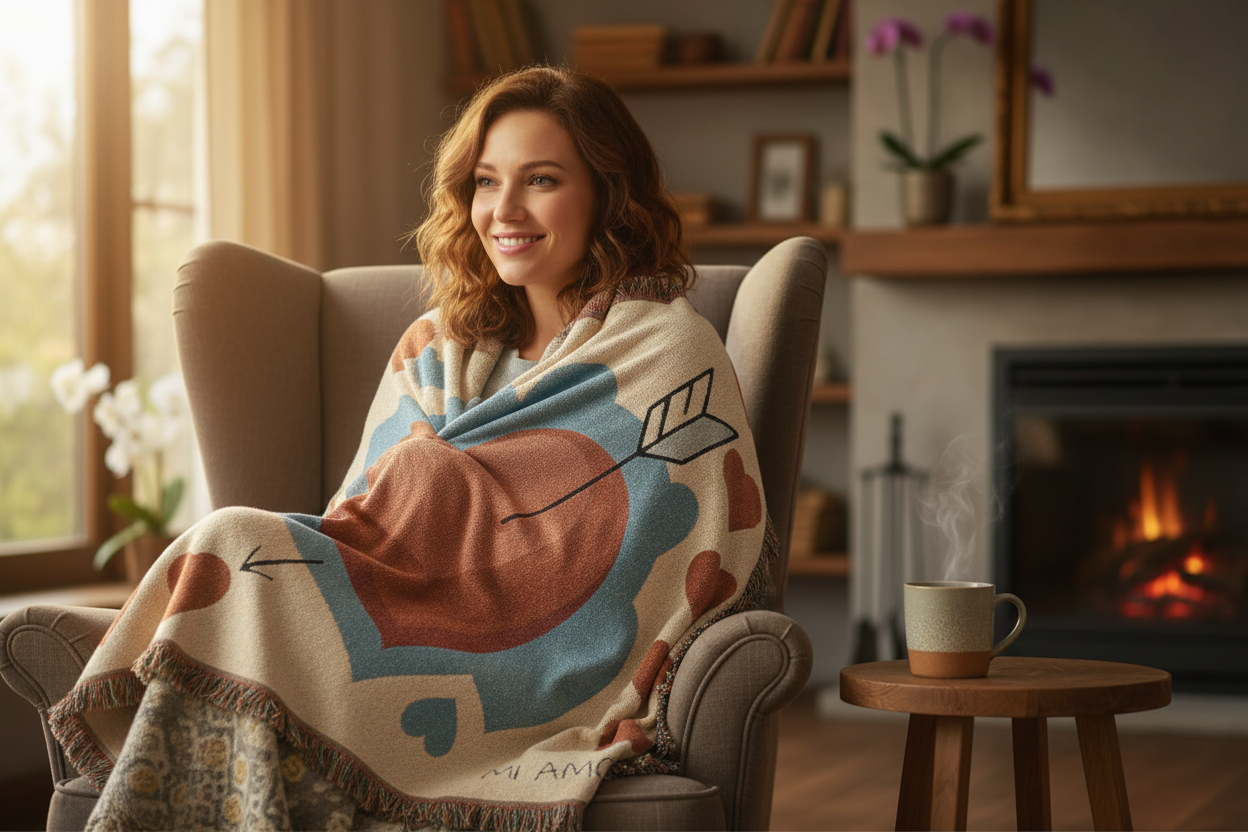 Woman wrapped in actual Mi Amor blanket